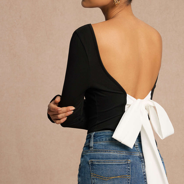 Boat Neck Bow Tie‑Up Backless Long Sleeve Top