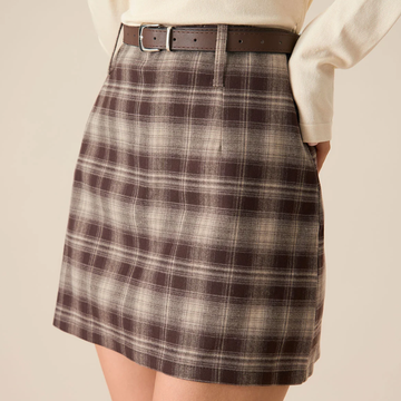 Brown Plaid Straight‑Fit Mini Skirt