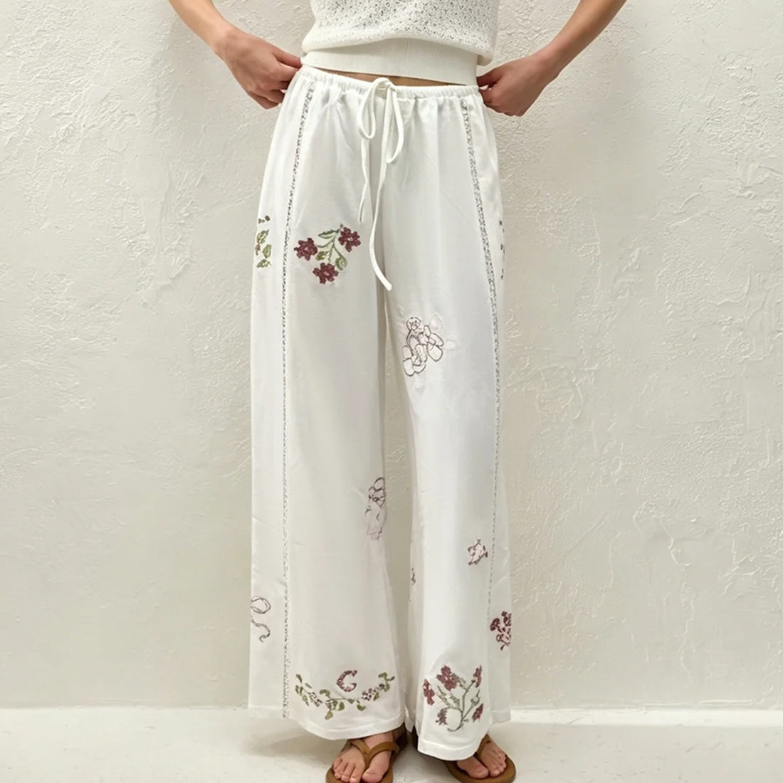 White Floral‑Embroidery Natural‑Waist Straight‑Leg Pants Trousers