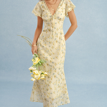 Lace Trim V‑Neck Tie Front Floral A‑Line Maxi Dress